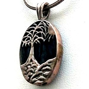 VINTAGE Sterling Silver Onyx Tree w Sun Pendant